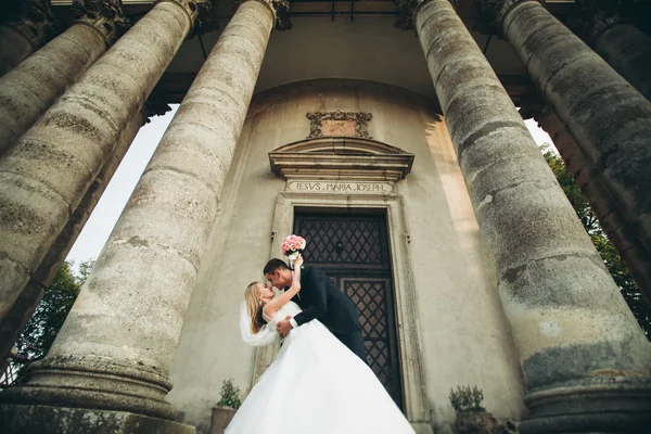 Güzel, romantik bir düğün. Yeni evliler. Eski kalenin yakınlarında sarılıyorlar.