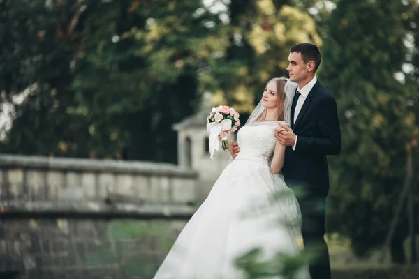 Güzel, romantik bir düğün. Yeni evliler. Eski kalenin yakınlarında sarılıyorlar. — Stok fotoğraf