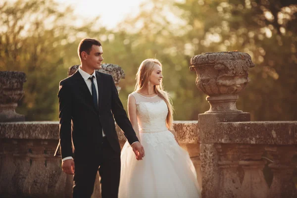 Pasangan pengantin baru yang romantis dan cantik berpelukan di dekat kastil tua saat matahari terbenam — Stok Foto