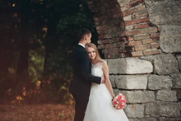 Güzel, romantik bir düğün. Yeni evliler. Eski kalenin yakınlarında sarılıyorlar. — Stok fotoğraf