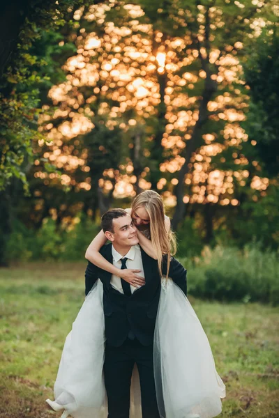 Красива романтична весільна пара молодят обіймається в парку на заході сонця — стокове фото