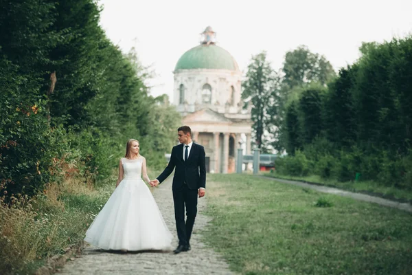 Casal romântico bonito do casamento, noivo e noiva abraçando perto do castelo velho no por do sol — Fotografia de Stock