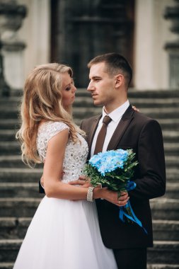 Lüks Çift düğün sarılma ve birbirlerine kale merdivenlerde gülümseyen