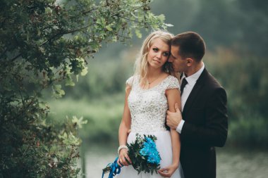 Romantik düğün çift karı güzel göl kenarında poz,