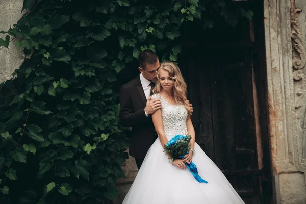 Lyckliga bröllop par kramas och leende varandra på bakgrunden vackra växter i slott — Stockfoto