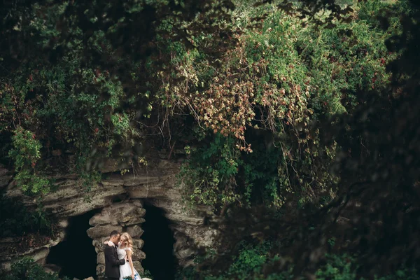 Роскошная свадебная пара обнимает и целует на заднем плане великолепные растения, пещера возле древнего замка — стоковое фото