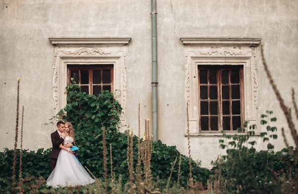 Luxus-Hochzeitspaar umarmt und lächelnd einander auf dem Hintergrund herrliche Pflanzen im Schloss — Stockfoto