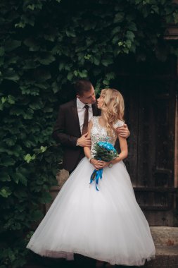 Mutlu düğün kaç sarılma ve birbirlerine arka plan güzel bitkiler kale üzerinde gülümseyen