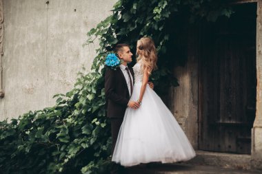 Mutlu düğün kaç sarılma ve birbirlerine arka plan güzel bitkiler kale üzerinde gülümseyen