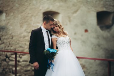 Mutlu düğün kaç sarılma ve birbirlerine arka plan eski kale üzerinde gülümseyen