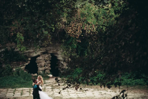 Luxus-Hochzeitspaar umarmt und küsst auf dem Hintergrund wunderschöne Pflanzen, Höhle in der Nähe der alten Burg — Stockfoto