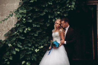 Mutlu düğün kaç sarılma ve birbirlerine arka plan güzel bitkiler kale üzerinde gülümseyen