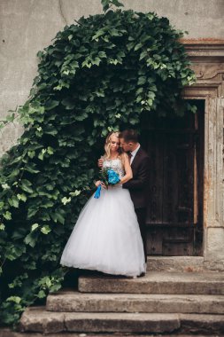 Mutlu düğün kaç sarılma ve birbirlerine arka plan güzel bitkiler kale üzerinde gülümseyen