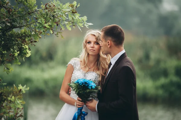 Pareja romántica de la boda, hombre y mujer, posando cerca del hermoso lago —  Fotos de Stock