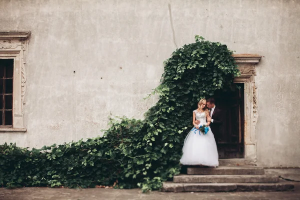 Счастливая свадебная пара обнимает и улыбается друг другу на фоне великолепных растений в замке — стоковое фото