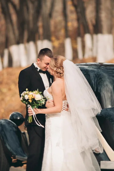 Casal de casamento elegante, noiva, noivo beijando e abraçando perto de carro retro no outono — Fotografia de Stock