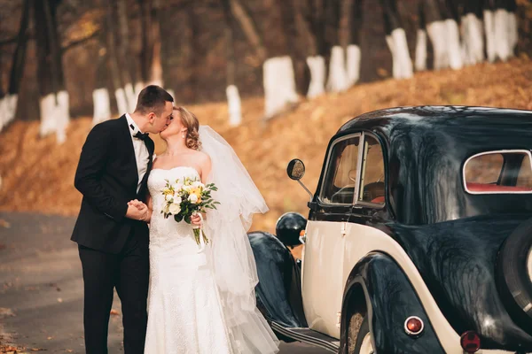 Elegante pareja de boda, novia, novio besándose y abrazándose cerca de coche retro en otoño —  Fotos de Stock