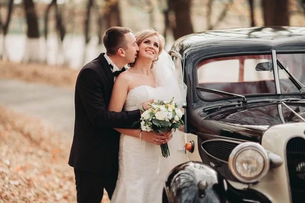 Casal de casamento elegante, noiva, noivo beijando e abraçando perto de carro retro no outono — Fotografia de Stock