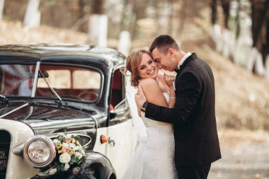 Şık düğün çift, Gelin, damat öpüşme ve retro arabanın yakınında sonbaharda sarılma