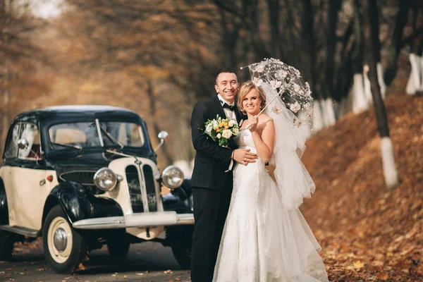 Stilvolles Hochzeitspaar, Braut, Bräutigam küssen und umarmen sich im Herbst in der Nähe von Retro-Autos — Stockfoto