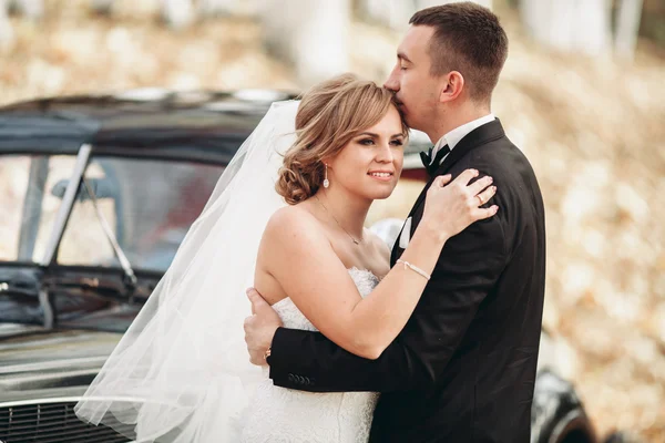 Elegante coppia di nozze, sposa, sposo baciare e abbracciare vicino auto retrò in autunno — Foto Stock