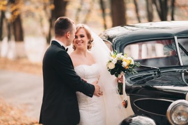 Şık düğün çift, Gelin, damat öpüşme ve retro arabanın yakınında sonbaharda sarılma