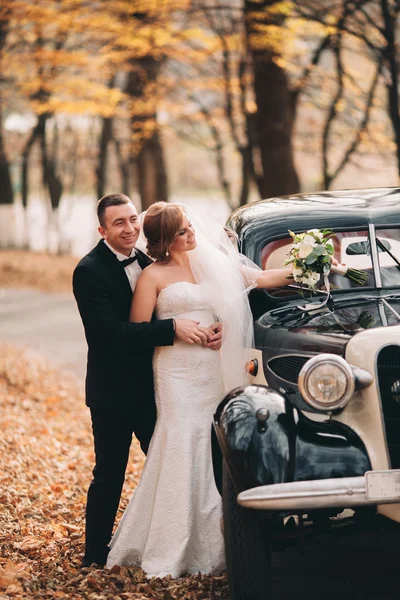 Casal de casamento elegante, noiva, noivo beijando e abraçando perto de carro retro no outono — Fotografia de Stock