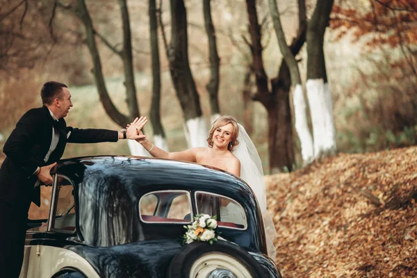 Stilvolles Hochzeitspaar, Braut, Bräutigam küssen und umarmen sich im Herbst in der Nähe von Retro-Autos — Stockfoto