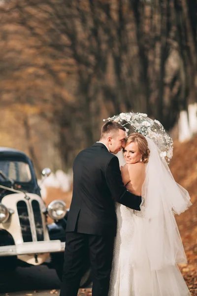 Stylish wedding couple, bride, groom kissing and hugging near retro car in autumn — Stock Photo, Image