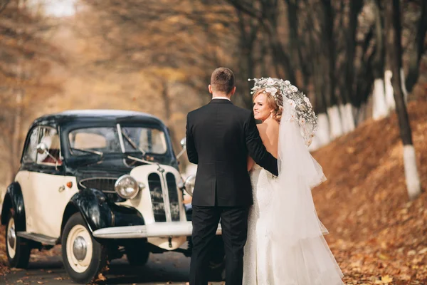 Stilvolles Hochzeitspaar, Braut, Bräutigam küssen und umarmen sich im Herbst in der Nähe von Retro-Autos — Stockfoto