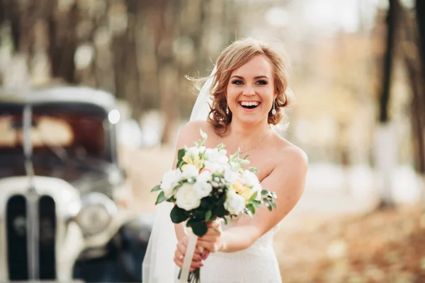 レトロな車が秋に近い香りと美しい幸せな花嫁 — ストック写真