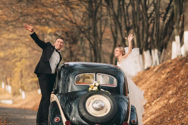 Elegante coppia di nozze, sposa, sposo baciare e abbracciare vicino auto retrò in autunno — Foto Stock