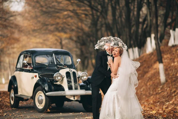 Stilvolles Hochzeitspaar, Braut, Bräutigam küssen und umarmen sich im Herbst in der Nähe von Retro-Autos — Stockfoto