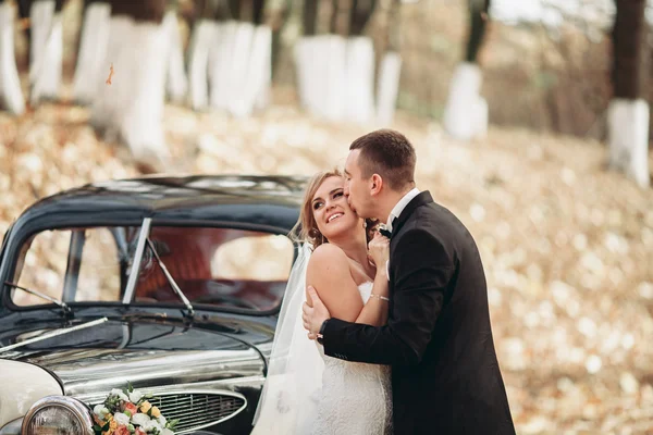 Casal de casamento elegante, noiva, noivo beijando e abraçando perto de carro retro no outono — Fotografia de Stock