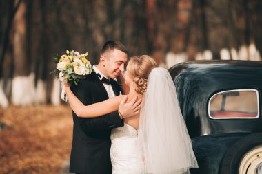 Şık düğün çift, Gelin, damat öpüşme ve retro arabanın yakınında sonbaharda sarılma