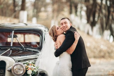 Şık düğün çift, Gelin, damat öpüşme ve retro arabanın yakınında sonbaharda sarılma