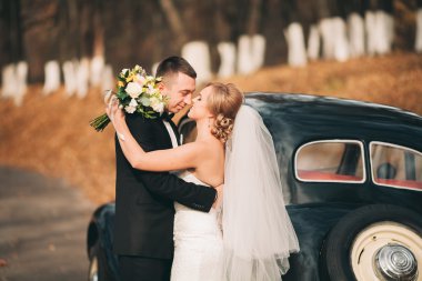Şık düğün çift, Gelin, damat öpüşme ve retro arabanın yakınında sonbaharda sarılma