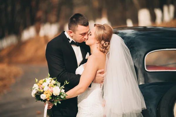 Elegante coppia di nozze, sposa, sposo baciare e abbracciare vicino auto retrò in autunno — Foto Stock