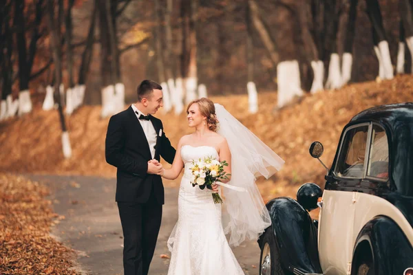 Elegante pareja de boda, novia, novio besándose y abrazándose cerca de coche retro en otoño — Foto de Stock