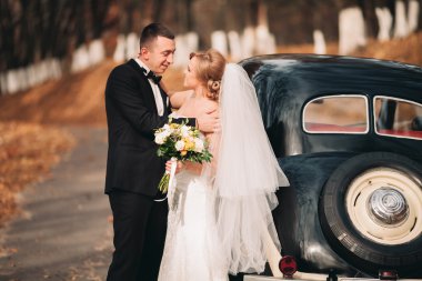 Şık düğün çift, Gelin, damat öpüşme ve retro arabanın yakınında sonbaharda sarılma