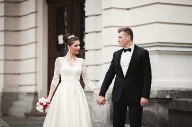 Lüks evli çift, gelin ve damat eski şehirde poz veriyor.