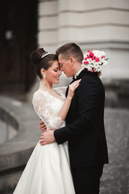 Lüks evli çift, gelin ve damat eski şehirde poz veriyor.