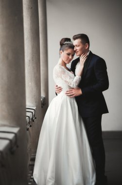 Lüks evli çift, gelin ve damat eski şehirde poz veriyor.