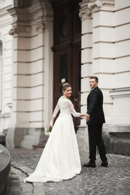 Lüks evli çift, gelin ve damat eski şehirde poz veriyor.