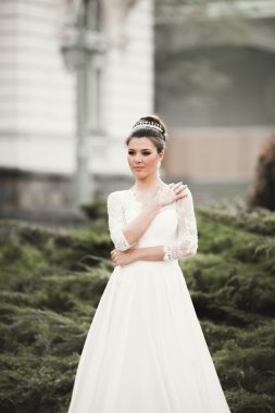 Eski şehirde poz lüks beyaz elbise ile harika gelin