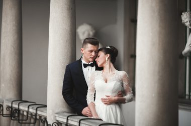 Lüks evli çift, gelin ve damat eski şehirde poz veriyor.