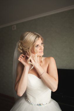 Güzel moda peçe düğün sabah gelinle portresi. Gelinlik.