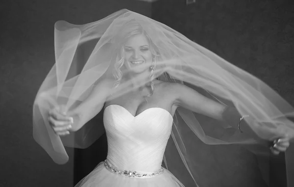 Retrato de novia hermosa con velo de moda en la mañana de la boda. Vestido de novia . — Foto de Stock