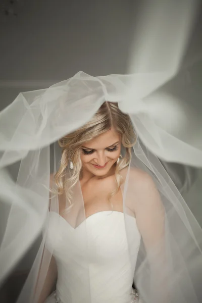 Portrait of beautiful bride with fashion veil at wedding morning. Wedding dress. — Stock Photo, Image