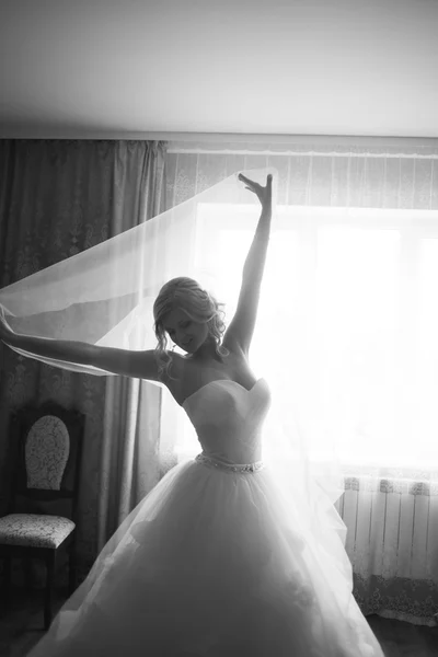 Retrato de novia hermosa con velo de moda en la mañana de la boda. Vestido de novia . — Foto de Stock